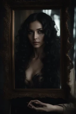 Close up of a beautiful woman with long curly black hair looking at a mirror but her reflection in the mirror is a dark demon with intense scary eyes. Super realistic, 8k high quality