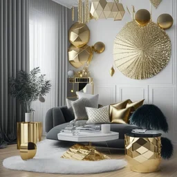 A picture of a modern living room with gold party decoration