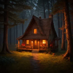 a warm welcoming cottage in a dark autumn forest, lots of trees, fairytale mood