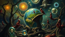 Hieronymus Bosch style nightmares plants in the galaxy , the plant earth globe, crystal balls