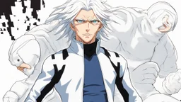 Satoru Gojo is a young tough guy white hair blue eyes black turtleneck without arms white loose pants in a defensive pose