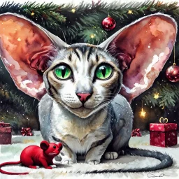 Surreal mixed-media combining wet watercolor, tempera paint, and fine line pen drawing of a wedge shaped face, large ears, green eyed, blue and white mackerel tabby, Oriental Shorthair and a chocolate point Siamese cat sitting together on a blanket with toy red mouse and at xmas time