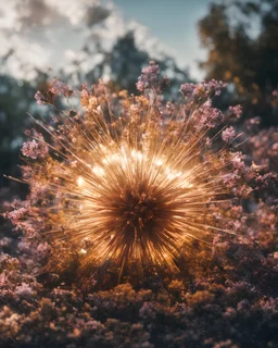 Atomic explosion, made of flowers, ULTRA REALISTIC, details, intricate detail, professional lighting, film lighting, 35mm, anamorphic, lightroom, cinematography, bokeh, lens flare, film grain, hdr10, 8k, Roger Deakins, incredibly detailed, reflect, sharpen