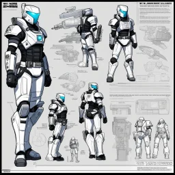 ConceptSheet for wii No More Heroes style with thick lines: sci-fi RPG Character Class Driller Character Class Concept [colour illustration by Kelley Jones] : hDrill Gauntlets, Plasma Cutter, Exo-Suit, Multi-Tool Utility Belt, a weapon and all the package of a high-tech explorer