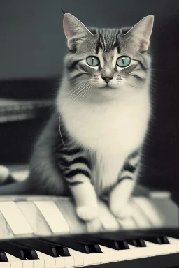 A young beautiful cat, portrait, is sitting on a piano, Vienna in the background