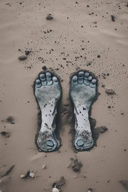 A toes looks dirty filled on the grey , Sands and dirt on a sands ground, view from the top, Bosch painting style