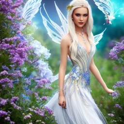 Fantasy fairy with transparent wings, smiling, make up, long platinum blond hair with crown and flowers, blue dress, flowering background