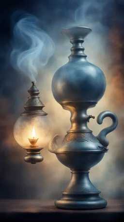 The genie out of the old oil lamp in Smokey ethereal, heavenly background