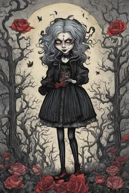 a cartoon illustration of a schizophrenic goth vampire girl , in the cartoon style of Lynda Barry , Ernie Pook's Comeek, , museum quality masterpiece