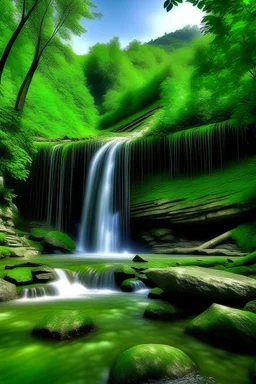 Buatlah gambar dengan adanya air terjun yang bersih dan dikelilingi oleh pepohonan yang hijau disekitarnya dan dikelilingi oleh