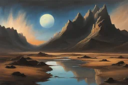night, mountains, arid land, puddle, 2000's sci-fi movies influence, friedrich eckenfelder and willem maris impressionism paintings