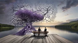 back to the camera a figure sittings on amorph bench in a beautiful landscape and overlooking the water of the nearby lake, calm, harmonious atmosphere, muted dark colors, purple, white, gray, green, blue, brown, silver, black , ,not too colorful colors, Whimsical style and giant stunning neuron network all over the sky, half shadow and half light abyss, surreal stunning vibe