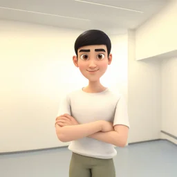 a caricature portrait of a young man standing in front of a white wall. He is wearing a white sweatshirt. black hair. short buzz cut hair style. light skin. dark eye pupils. small eyes. black thick eyebrow. small short round face shape. a bit small goatee, without moustache. big nose. thick mouth. pixar style. 3D. 4k. portrait. highly detailed. sharp focus. high resolution. full color. cinema lighting