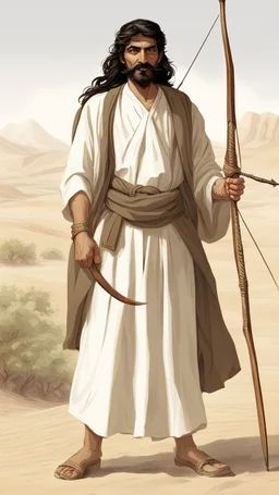 A scene in the desert of a Muslim man from the era of his companions, the Prophet. He is tall, strong in build, and has a cheerful face. He has long black hair, black eyes, and a thick mustache. He has a bow and arrow in his hand