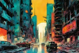 create a wildly abstract and chaotic illustration of an inter-dimensional portal to a highly detailed gaseous and decayed post apocalyptic future Istanbul, utilizing asymmetric structural forms, in the comic book art style of Bill Sienkiewicz, Mike Mignola, and Jean Giraud Moebius, finely textured, drawn, colored, and inked