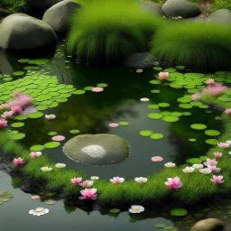 Round pond with lots of water, moss-covered stones all around and the water has a delicate pink shimmer, a few delicate pink flowers on the stones and a small waterfall