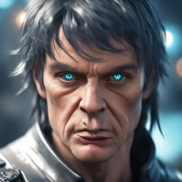 frowning david icke as cyperpunk witch hunter with dark hair, dark blue eyes and black tattoes,bokeh like f/0.8, tilt-shift lens 8k, high detail, smooth render, down-light, unreal engine,bokeh like f/0.8, tilt-shift lens 8k, high detail, smooth render, down-light, unreal engine