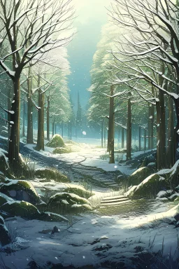 Landscape of a forest path, surrounded by trees and grass, while it's snow everywhere and it's night