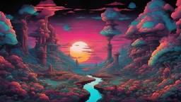 comic style, 80's videogame landscape, negative space, space quixotic dreams, temporal hallucination, psychedelic, intricate details, very bright neon colors and deepblack background, 4K, very high contrast, chiaroscuro