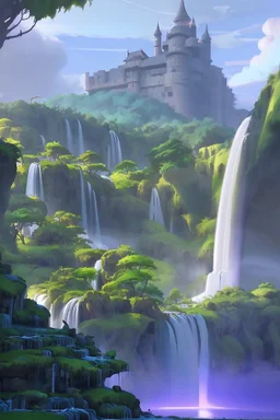 complex outdoor scene with waterfall and futuristic castles by warner brothers animation