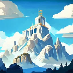 Mount Olympus from the greek mythology. Temples high up in the mountains. Cloudy and mysterious. Illustration.