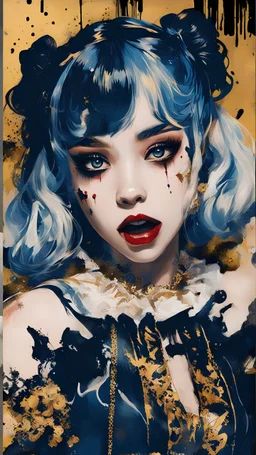 Poster in two gradually, a one side malevolent goth vampire girl face and other side the Singer Melanie Martinez face, painting by Yoji Shinkawa, darkblue and gold tones,