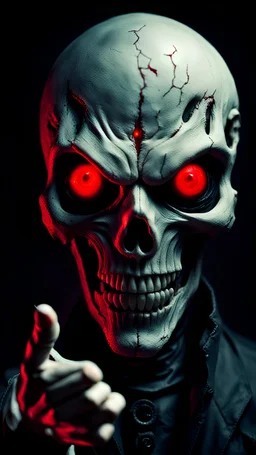 Scary figure with a skull-like face and red eyes points his finger at the center of the screen on a black background.