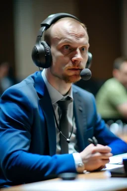 A simultaneous translator of Slavic appearance sits at a table with headphones on at a briefing and translates into a microphone, in a large hall, there are a lot of people around, the background is blurred, everything is in pastel light colors