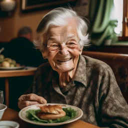 A grandmother eating lunch and smiling at the camera