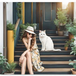 very beautiful sticker like realistic girl with cat