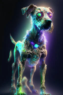 Zombie dog humanoid fused ,extremely detailed,crystal clear, mystical colors ,perfectly centered image, perfect composition, rim light, beautiful lighting, 8k, stunning scene, raytracing