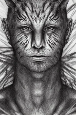 Rainforest, hybrid human man with tigerhead walking, frontal, model style, hyper realistic, accurate, delicate, extremely detailed, Graphic novel style, wide-angle, front view, open aperture, superfine pencil