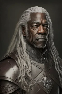 Portrait of a black man, fifty years, wearing a leather armor, long gray hair