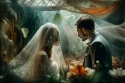 wedding, veil, flowers, blur 5%, double exposure, merged layers, in the first part (near to us) of the picture you can see a plain sandblown smoked glass, engraved with a folk art pattern, the glass is cracked in several places, in some places the glass is broken, crumpled burlap, through it you can see a tropical rainforest with a waterfall, mist, tooth, sunrise