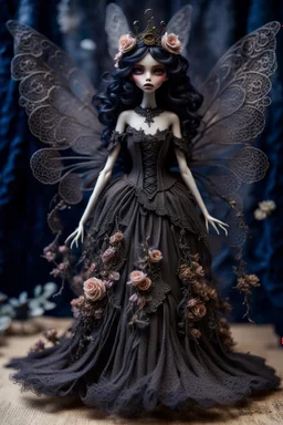 A whimsical dark fantasy detailed doll-like dark fairy figure with wings, an ethereal presence and hyper-realistic features. Her ewaring a victorian, goth enchanted aesthetic. Her large, dark eyes shimmer with mystery, while her flowing lacy long gown sways as if caught in an unseen breeze. Ornate wire spirals and dried dry floral elements crown around, giving her an otherworldly, nature-bound elegance with dark lace, shadows, fog in a surreal atmosphere. Hyperrealistic, splash art, concept art