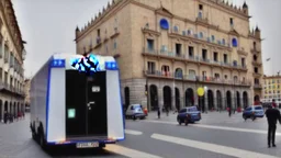 A police Tesla Cybertruck is chasing a Tesla 'Model S Plaid' at top speed, across the 'Plaza de la Constitución', in the city of Mexico. CINEMATIC. WIDE ANGLE LENS. PHOTO REAL.