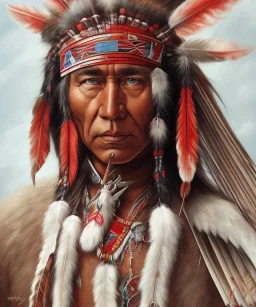  native american face, Muscular warrior, three red feathers headband, holding spear