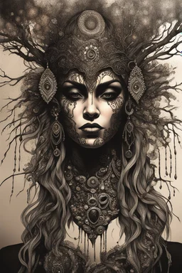 portrait vantblack pouring Acrylic an cyberpunk shaman woman extremely textured botanical-metal faced portrait with a voidcore metal gothica headdress with metallic filigree gothica ornaments around onix stones mineral stone metallic watercolour an black ink filigree silver voidcore shamanism foral ornaments plants and tree branches black ink on half face masque gothica filigree voidcore athmospheric organic bio spiral ökoart creepy stunning