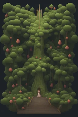 a pixel tree that sprouts in the shape of a goddess