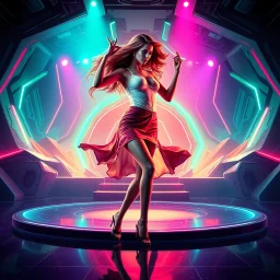 Futuristic sci-fi style, a pretty woman dancing energetic salsa with fluid, expressive movements, on a futuristic evolving stage with morphing 3D geometric structures, pulsating to the rhythm, dynamic vibrant neon lights, volumetric