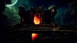 jamaika my dreams . In the garden my mind bows . meditation .The ruins of a village in the midst of thunderbolts in the jungle , mountains. space color is dark , where you can see the fire and smell the smoke, galaxy, space, ethereal space, cosmos, panorama. Palace ,
