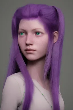 long purple haired human girl with bright green eyes