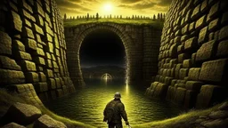 Fantasy art: the big man has closed the hole in the dam with his broad back