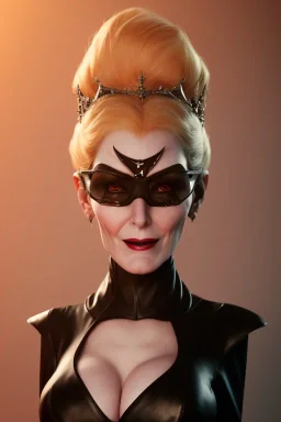 Carmen Dell`orifice as evil queen in black leather, leather, busty, cleavage, angry, stern look. character design by cory loftis, fenghua zhong, ryohei hase, ismail inceoglu and ruan jia. unreal engine 5, artistic lighting, highly detailed, photorealistic, fantasy