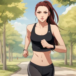 An Arrogant-Looking Young Woman With Pale Skin, Red Eyes, And Long Brown Hair Pulled Up In A Single, Straight Ponytail. Jogging in the park. wearing a black crop top and leggings. Anime Style, High Definition, Greg Rutkowski, 8k Resolution, Intricate Details