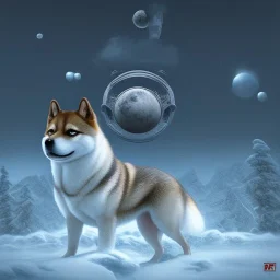 shiba inu doge, looking up, ethereal orbs, nazi, antarctica, moonscape