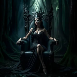 Morena Baccarin as a beautiful sexy dark elf queen seated elegantly on a throne in a mystical forest, dark celtic vignette frame, photo-realistic, cinematic lighting, award-winning photography