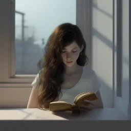 Study girl, curl hair read a book in by the window, ultra detail, real photo realistic, unreal engine, cinematic lighting --ar 1:1 creative