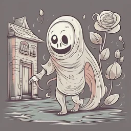 Vintage sheet Ghost animation, rubberhose drawing style, cute ghost with a rose alone on a street, cartoon art, hand drawn, cute horror, overexaggerated