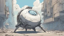 Small, sleek cargo spaceship, built like a teardrop, landing in a wide empty ruined alien street, blue sky